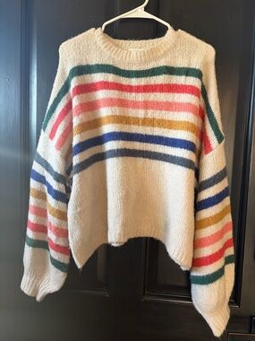 Newbury Kustom Cream Crewneck Sweater with Multicolor Stripes
